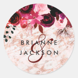 Bourgogne Bloemen & Roos Goud Monogram Bruiloft Ronde Sticker