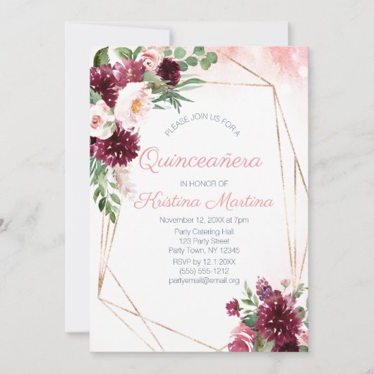 Bourgogne Bloemen Roos Goud Quinceañera Verjaardag Kaart (Voorkant)