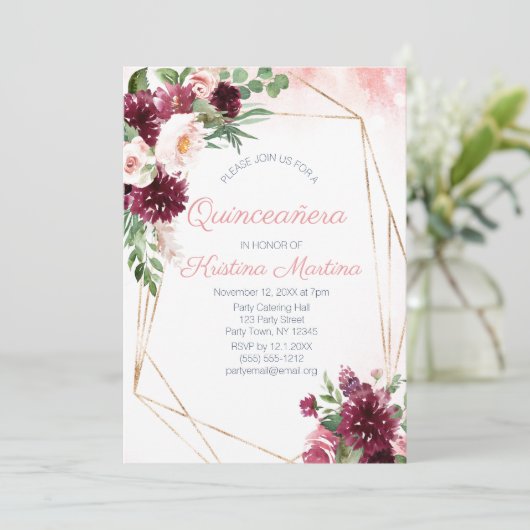 Bourgogne Bloemen Roos Goud Quinceañera Verjaardag Kaart (Staand voorkant)