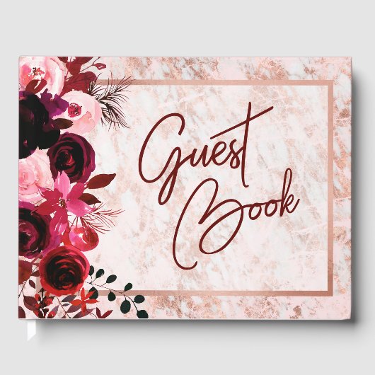 Bourgogne Bloemen & Roos Gouden Bruiloft Monogram Gastenboek (Voorkant)
