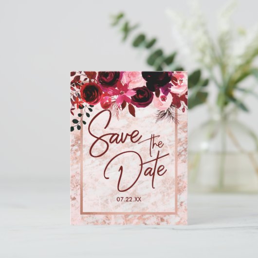 Bourgogne Bloemen & Roos Gouden Bruiloft Save the  Aankondigingskaart (Staand voorkant)