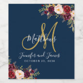 Bourgogne Bloemen Roos Navy Blauw Monogram Bruilof Wijn Etiket (Enkel label)
