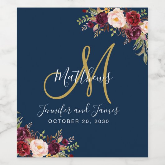Bourgogne Bloemen Roos Navy Blauw Monogram Bruilof Wijn Etiket (Enkel label)