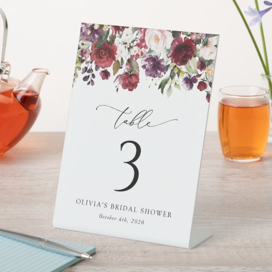 Bourgogne bloemen, roze bloemen, Boho-tabelnummers Reclamebord Met Voetstuk (Insitu)