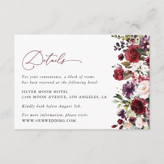 Bourgogne bloemen, roze bloemen, bruiloft details informatiekaartje (Voorkant)