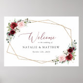 Bourgogne bloemen, roze bloemen, bruiloft welkom poster (Voorkant)