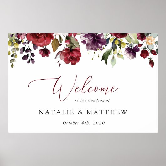 Bourgogne bloemen, roze bloemen, bruiloft welkom poster (Voorkant)