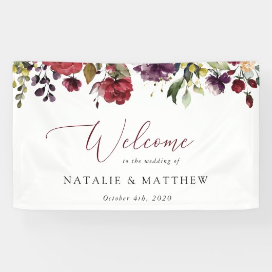 Bourgogne bloemen, roze bloemen, bruiloft welkom spandoek (Horizontaal)