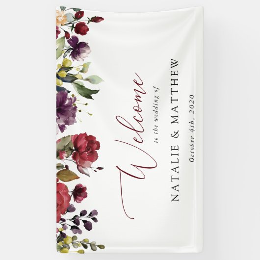 Bourgogne bloemen, roze bloemen, bruiloft welkom spandoek (Verticaal)