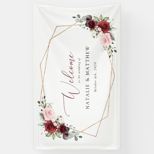 Bourgogne bloemen, roze bloemen, bruiloft welkom spandoek (Verticaal)