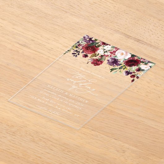 Bourgogne bloemen, roze bloemen, groen, huwelijk acryl uitnodigingen (Laagn)