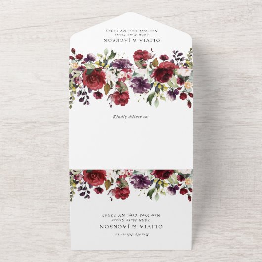 Bourgogne bloemen, roze bloemen, groen, huwelijk all in one uitnodiging (Buitenkant)