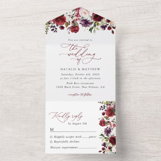 Bourgogne bloemen, roze bloemen, groen, huwelijk all in one uitnodiging (Binnen)