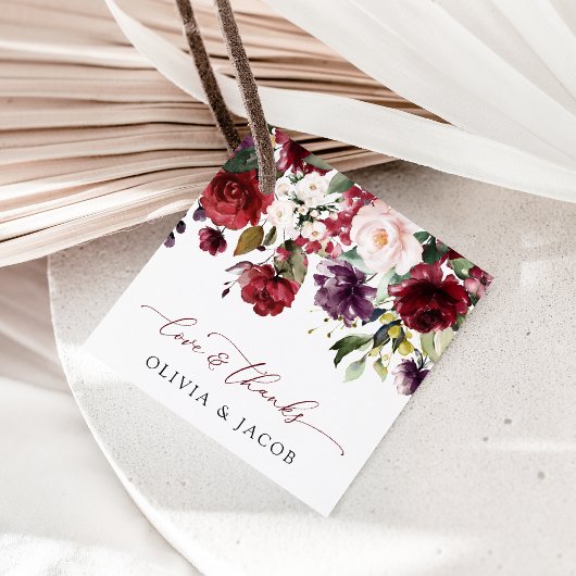 Bourgogne bloemen, roze bloemen, groen, huwelijk bedankjes labels