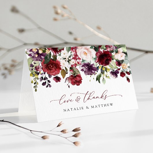 Bourgogne bloemen, roze bloemen, groen, huwelijk bedankkaart