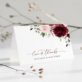 Bourgogne bloemen, roze bloemen, groen, huwelijk bedankkaart