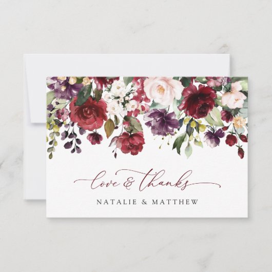Bourgogne bloemen, roze bloemen, groen, huwelijk bedankkaart (Voorkant)
