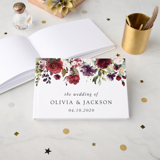 Bourgogne bloemen, roze bloemen, groen, huwelijk gastenboek (Voorkant open)