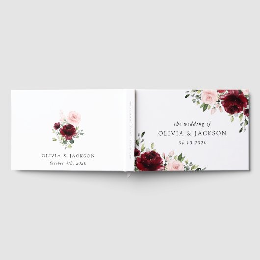 Bourgogne bloemen, roze bloemen, groen, huwelijk gastenboek (Volledig)