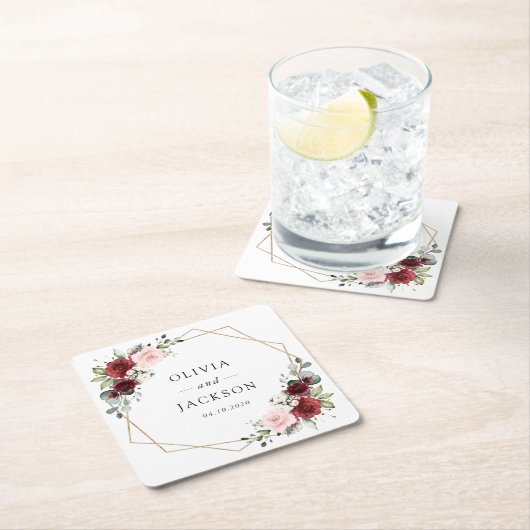 Bourgogne bloemen, roze bloemen, groen, huwelijk kartonnen onderzetters (Insitu)