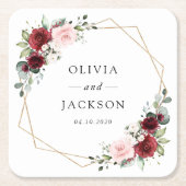 Bourgogne bloemen, roze bloemen, groen, huwelijk kartonnen onderzetters (Voorkant)