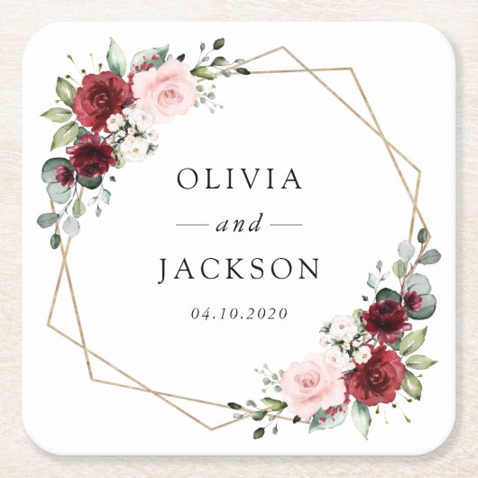 Bourgogne bloemen, roze bloemen, groen, huwelijk kartonnen onderzetters (Voorkant)