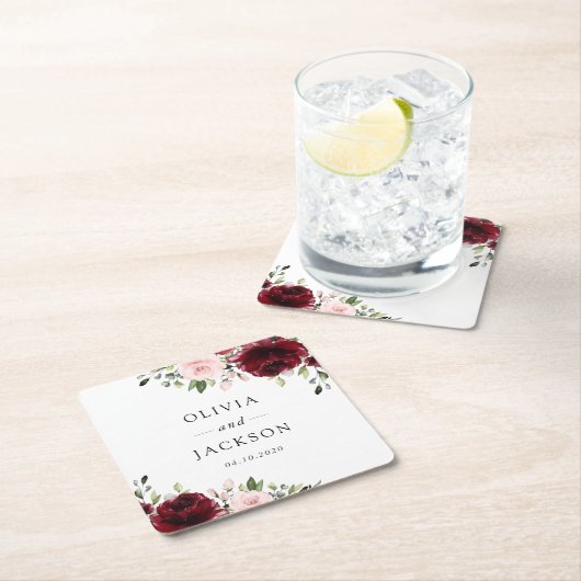 Bourgogne bloemen, roze bloemen, groen, huwelijk kartonnen onderzetters (Insitu)