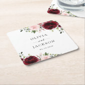 Bourgogne bloemen, roze bloemen, groen, huwelijk kartonnen onderzetters (Schuin)