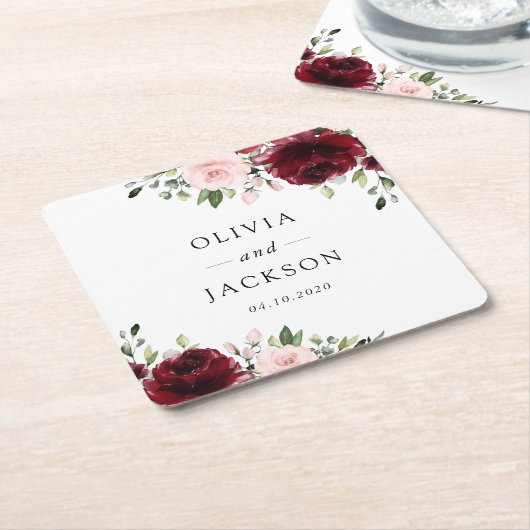 Bourgogne bloemen, roze bloemen, groen, huwelijk kartonnen onderzetters (Schuin)