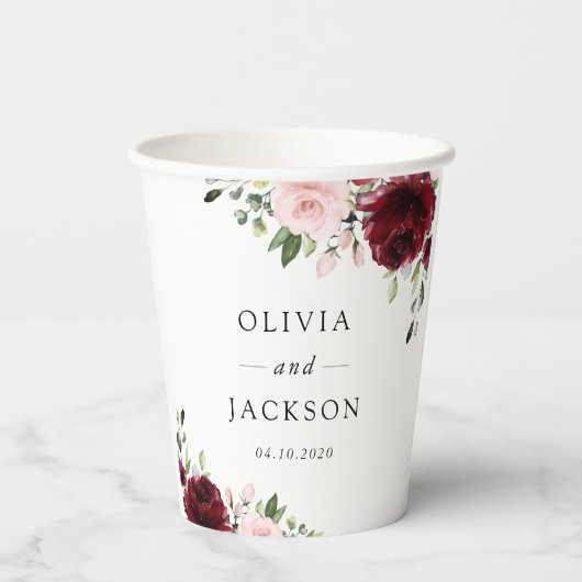 Bourgogne bloemen, roze bloemen, groen, huwelijk papieren bekers (Achterkant)