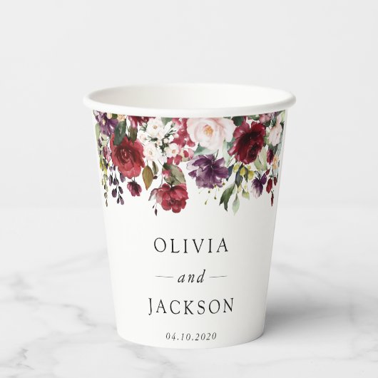 Bourgogne bloemen, roze bloemen, groen, huwelijk papieren bekers (Achterkant)