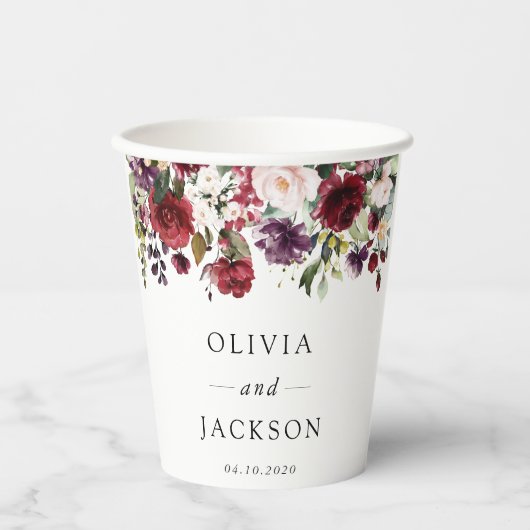 Bourgogne bloemen, roze bloemen, groen, huwelijk papieren bekers (Voorkant)