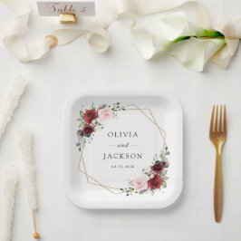 Bourgogne bloemen, roze bloemen, groen, huwelijk papieren bordje