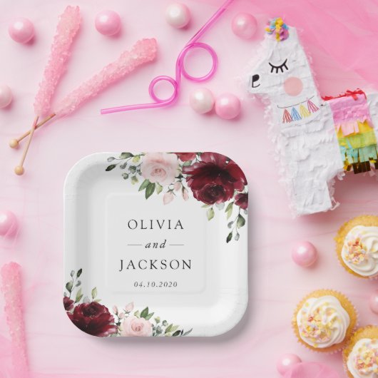 Bourgogne bloemen, roze bloemen, groen, huwelijk papieren bordje (Feest)