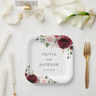 Bourgogne bloemen, roze bloemen, groen, huwelijk papieren bordje