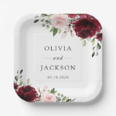 Bourgogne bloemen, roze bloemen, groen, huwelijk papieren bordje (Voorkant)