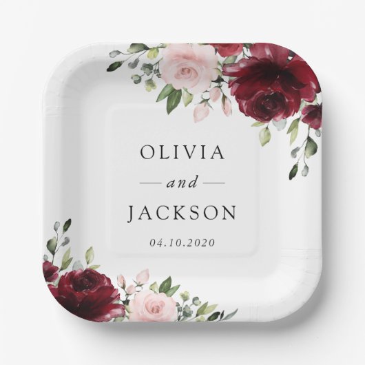 Bourgogne bloemen, roze bloemen, groen, huwelijk papieren bordje (Voorkant)