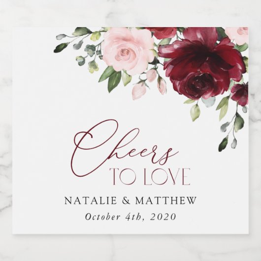 Bourgogne bloemen, roze bloemen, groen, huwelijk sparkling wijnetiket (Enkel label)