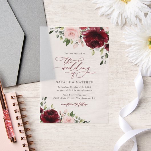 Bourgogne bloemen, roze bloemen, groen, huwelijk vellum uitnodigingen (Huwelijk)