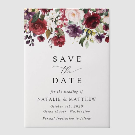 Bourgogne bloemen, roze bloemen, groen, huwelijk vellum uitnodigingen (Voorkant)