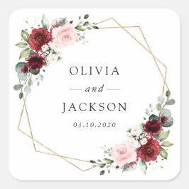 Bourgogne bloemen, roze bloemen, groen, huwelijk vierkante sticker