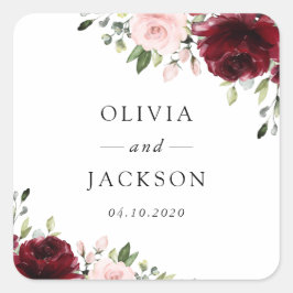 Bourgogne bloemen, roze bloemen, groen, huwelijk vierkante sticker