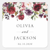 Bourgogne bloemen, roze bloemen, groen, huwelijk vierkante sticker (Voorkant)