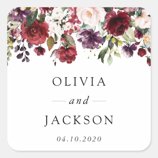 Bourgogne bloemen, roze bloemen, groen, huwelijk vierkante sticker (Voorkant)