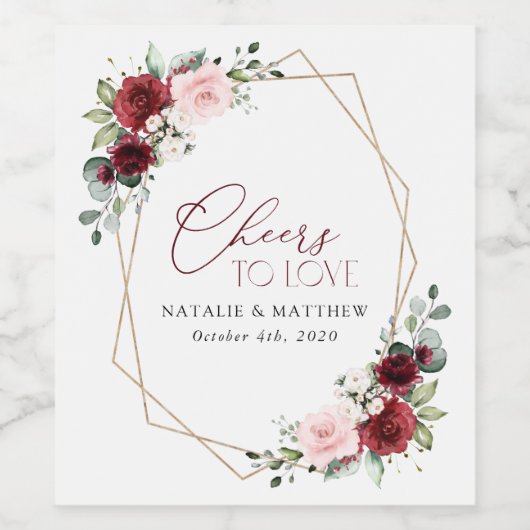 Bourgogne bloemen, roze bloemen, groen, huwelijk wijn etiket (Enkel label)