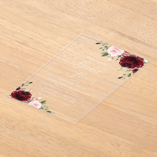 Bourgogne bloemen, roze bloemen, Vrijgezellenfeest Acryl Uitnodigingen (Laagn)