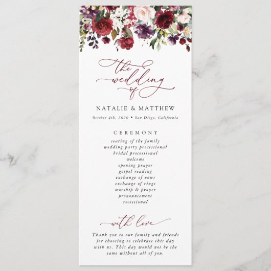 Bourgogne bloemen, roze bloemen, weddenschapsprogr programmakaart (Voorkant)