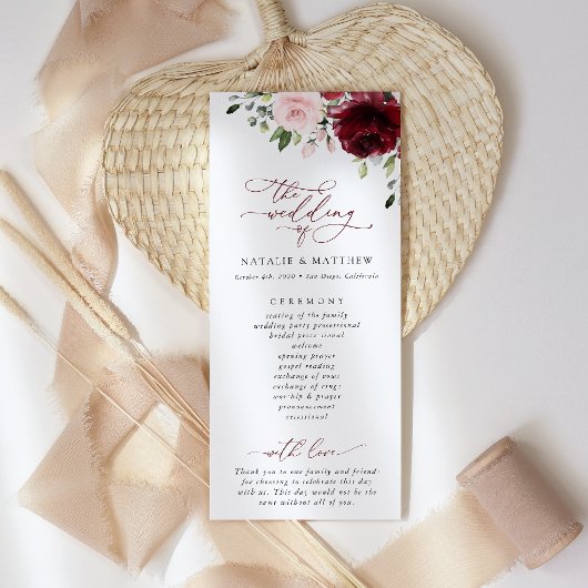 Bourgogne bloemen, roze bloemen, weddenschapsprogr programmakaart