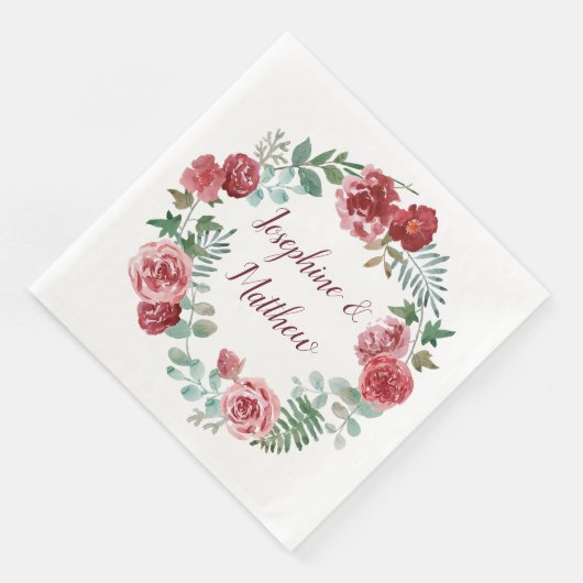 Bourgogne Bloemen Rozen Foliage krans bruiloft Servet (Hoek)