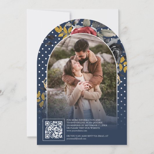 Bourgogne Bloemen Rozen QR Code Foto Navy Wedding Kaart (Achterkant)